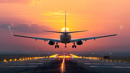 Flight landing on the runway, beautiful sunset in background.