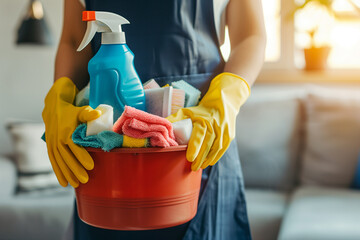 A woman cleaner in an apron and gloves with a red bucket of cleaning products in apartments. Housecleaning with detergents, cleaning supplies.