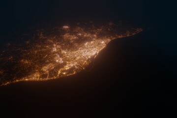 Aerial view on Barcelona (Spain) from south. Top view on modern city at night from satellite