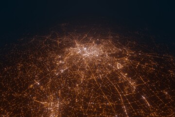 Aerial view on Gent (Belgium) from east. Top view on modern city at night from satellite