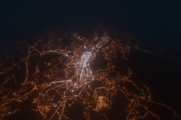 Aerial view on Quito (Ecuador) from north. Satellite view on modern city at night