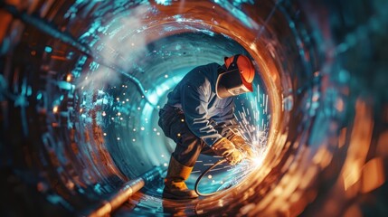 Heavy industrial welders perform welding operations inside pipes. Construction of natural gas pipelines and NLG fuel pipelines - obrazy, fototapety, plakaty