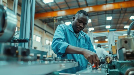 Fototapeta premium Male factory worker wearing safety suit Use a digital tablet Inspect the quality sheet metal rolls in the factory during the production process.