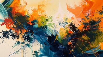 A dynamic abstract painting featuring a multitude of vivid colors and various shapes overlapping and intertwining