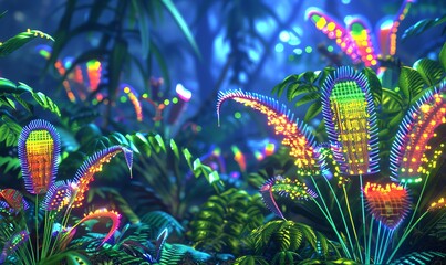 Illustrate a whimsical, pixelated jungle scene featuring surreal, exotic plants like glowing venus flytraps and rainbow ferns