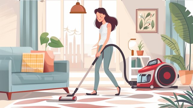 Beautiful young Woman vacuuming living room illustration.  Woman's housekeeping concept