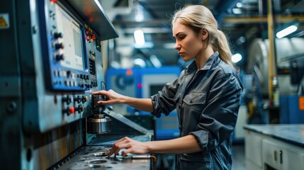 Programming a CNC machine by a female engineer in a factory