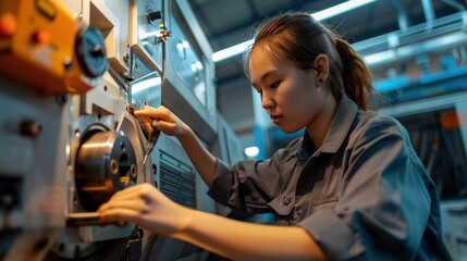 Fototapeta na wymiar Female engineer programming CNC machine in factory