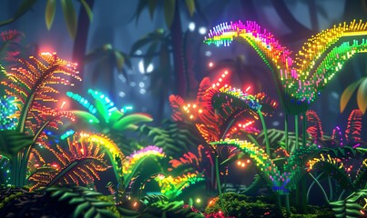 Illustrate a whimsical, pixelated jungle scene featuring surreal, exotic plants like glowing venus flytraps and rainbow ferns