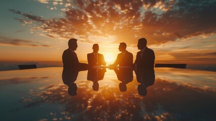 Reflections of businessmen at sunset talking on a table