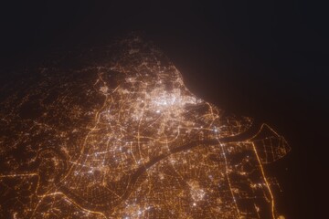 Aerial view on Tainan (Taiwan) from north. Satellite view on modern city at night