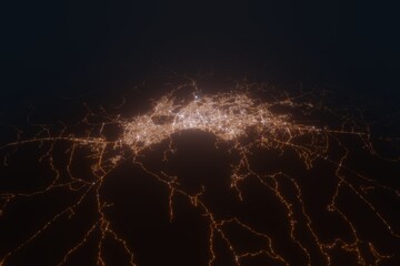 Aerial view on Sana'a (Yemen) from east. Top view on modern city at night from satellite