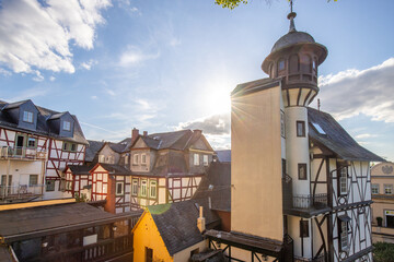 Old half-timbered houses in a city. Streets and buildings in the morning in Wetzlar, Hesse Germany