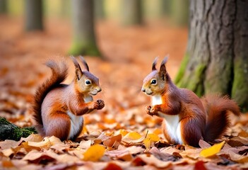 Adorable Squirrels Enjoying a Nutty Feast in the Forest