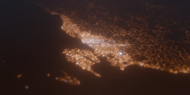 Street lights map of Cebu (Philippines) with tilt-shift effect, view from east. Imitation of macro shot with blurred background. 3d render, selective focus