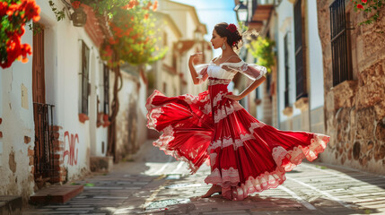 flamenco dancer in spain. Flamenco Dancer red dress dancing shoes. Pair of female flamenco dancers performing a choreography outdoors. Beautiful teenage woman dancing flamenco. She wears a red dress. 