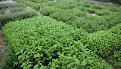Fototapeta na wymiar A field of fragrant herbs like basil rosemary an upscaled 4
