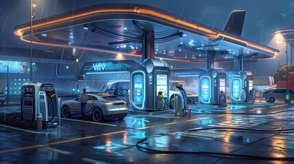 A bustling hydrogen fueling station, where vehicles of all shapes and sizes are being refueled with clean, renewable energy. - obrazy, fototapety, plakaty