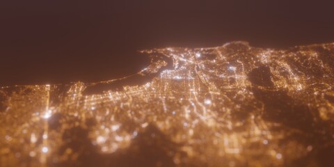 Street lights map of San Diego (California, USA) with tilt-shift effect, view from east. Imitation of macro shot with blurred background. 3d render, selective focus - obrazy, fototapety, plakaty
