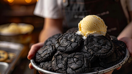 Burnt cookies with ice cream! Playful baker shrugs with giant scoop & cozy vibes. Warm light, blurred background.