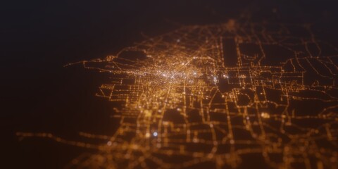 Street lights map of Siem Reap (Cambodia) with tilt-shift effect, view from east. Imitation of macro shot with blurred background. 3d render, selective focus