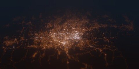Street lights map of Almaty (Kazakhstan) with tilt-shift effect, view from south. Imitation of macro shot with blurred background. 3d render, selective focus