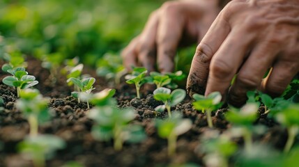 A close-up of a farmer's hands carefully tending to delicate seedlings, showcasing the nurturing aspect of agriculture