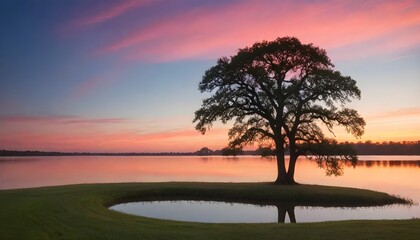 Fototapeta na wymiar Tranquil scene: Solitary tree on a tiny island in a lake at dusk