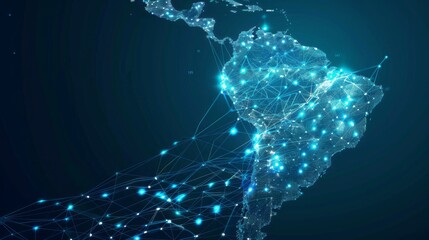 Abstract digital map of South America, concept of global network and connectivity, data world transfer and cyber technology, information exchange and telecommunication 