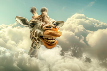 Laughing with a wide smile, a giraffe's head peeks out of the clouds. - 790081160