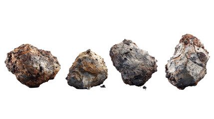 Four different big asteroid rocks placed horizontally on an isolated background