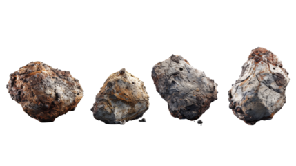 Four different big asteroid rocks placed horizontally on an isolated background