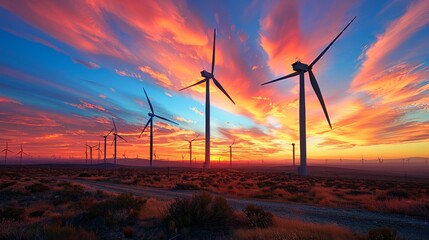 Obraz premium Wind Turbines at Sunset with Radiant Skies