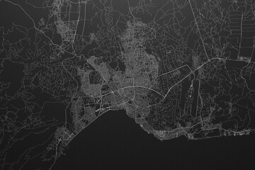 Naklejka premium Street map of Antalya (Turkey) on black paper with light coming from top