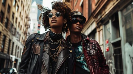 Obraz premium A dynamic street style photograph capturing the essence of urban fashion, with models sporting a mix of edgy, high-end, and thrifted pieces