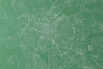 Stylized map of the streets of Lyon (France) made with white lines on green background. Top view. 3d render, illustration