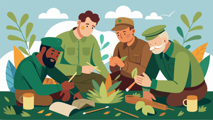 In an outdoor setting a group of military veterans use natural materials like sticks and leaves to create sculptures while discussing their