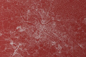 Map of the streets of Dresden (Germany) made with white lines on red background. Top view. 3d render, illustration