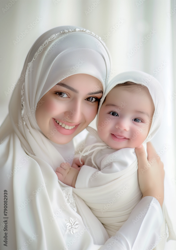 Wall mural Pretty muslimah mother and adorable baby, mother's day, Hijab mother, smiling mother and daughter, I love mom, Malaysia mother, Hibah, Takaful, Insurance protection, Medical card