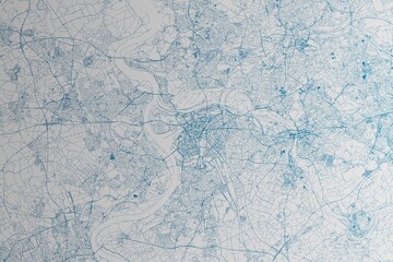 Map of the streets of Duisburg (Germany) made with blue lines on white paper. 3d render, illustration