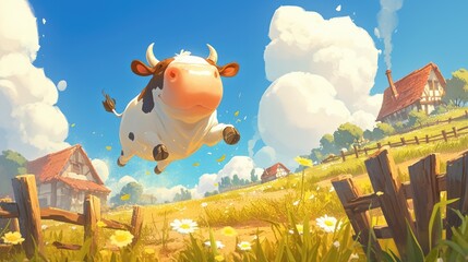 Exciting cartoon Illustration of a playful cow