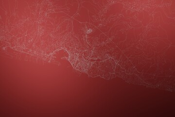 Map of the streets of Genoa (Italy) made with white lines on abstract red background lit by two lights. Top view. 3d render, illustration
