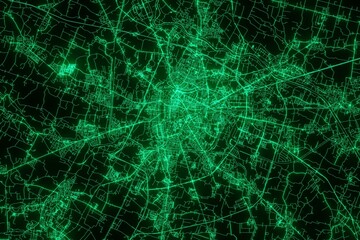 Map of the streets of Padua (Italy) made with green illumination and glow effect. Top view on roads network. 3d render, illustration