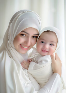 Pretty muslimah mother and adorable baby, mother's day, Hijab mother, smiling mother and daughter, I love mom, Malaysia mother, Hibah, Takaful, Insurance protection, Medical card