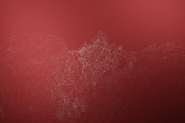 Map of the streets of Trondheim (Norway) made with white lines on abstract red background lit by two lights. Top view. 3d render, illustration