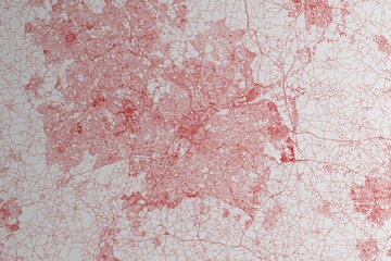 Map of the streets of Birmingham (UK) made with red lines on white paper. 3d render, illustration