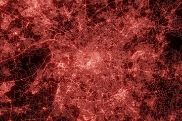 Street map of Manchester (UK) made with red illumination and glow effect. Top view on roads network. 3d render, illustration