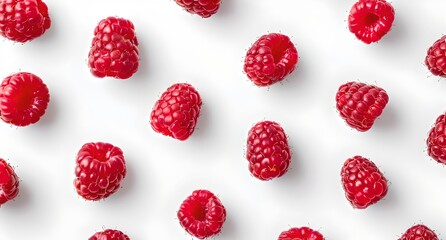 Fresh raspberries neatly arranged on a white surface. Ideal for food and nutrition themes. Perfect for healthy lifestyle promotions. AI - obrazy, fototapety, plakaty