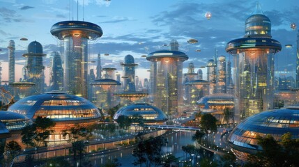 A futuristic city bathed in the radiant glow of energy-efficient lighting, designed by innovative electrical engineers