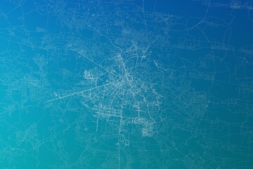 Map of the streets of Lviv (Ukraine) made with white lines on greenish blue gradient background. 3d render, illustration